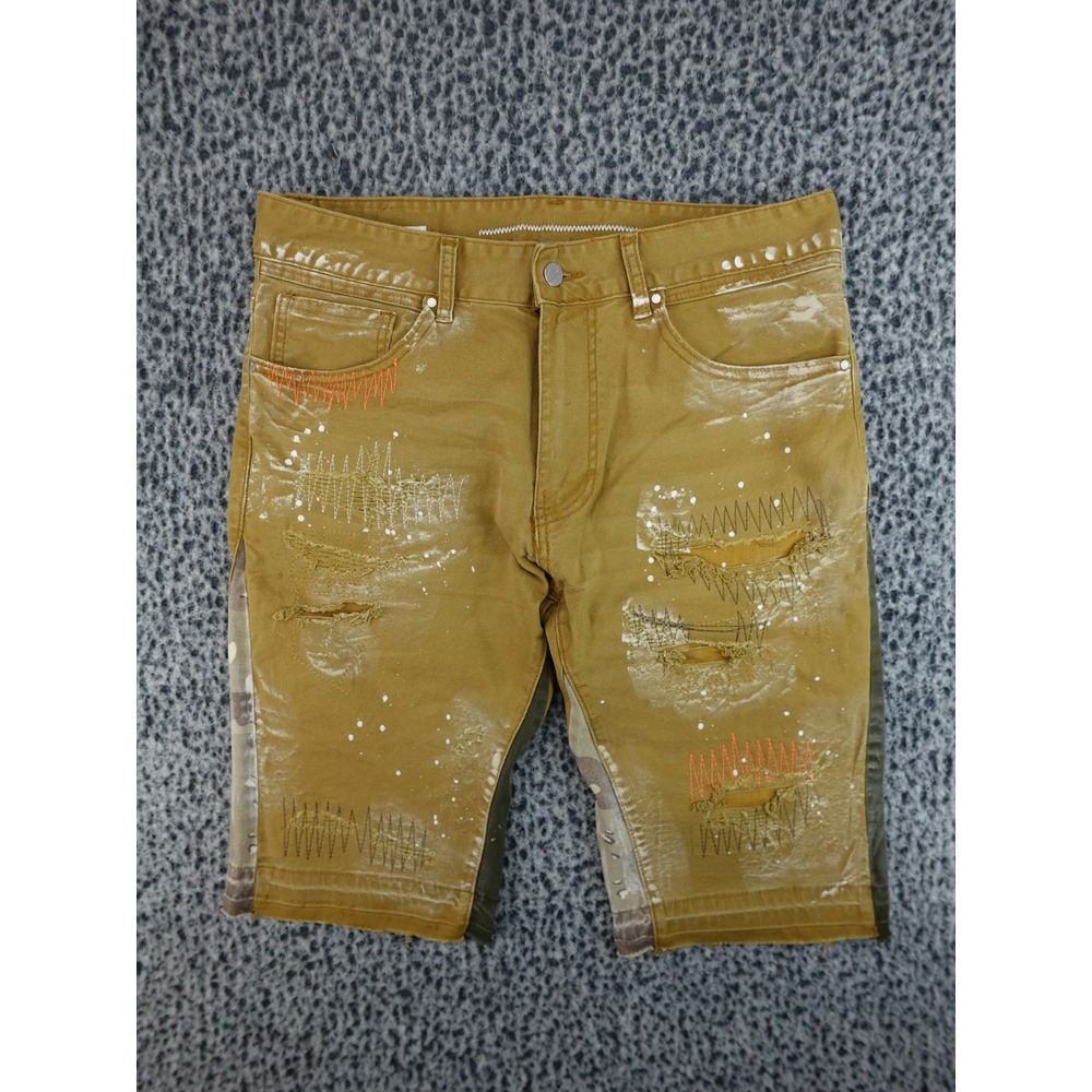 First Row Denim Shorts Mens 34 Tan Distressed Paint Splatter‎ Camo Streetwear